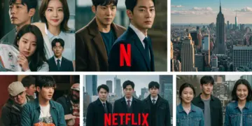 Netflix logo superimposed on a dynamic collage of popular K-drama scenes, reflecting its influence on US viewership.