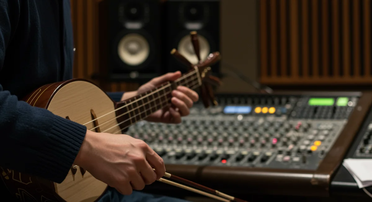 Musician playing traditional Asian instrument in recording studio for drama OST.