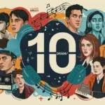 Dynamic collage of short drama themes with musical notes and headphones, highlighting top 10 soundtracks.
