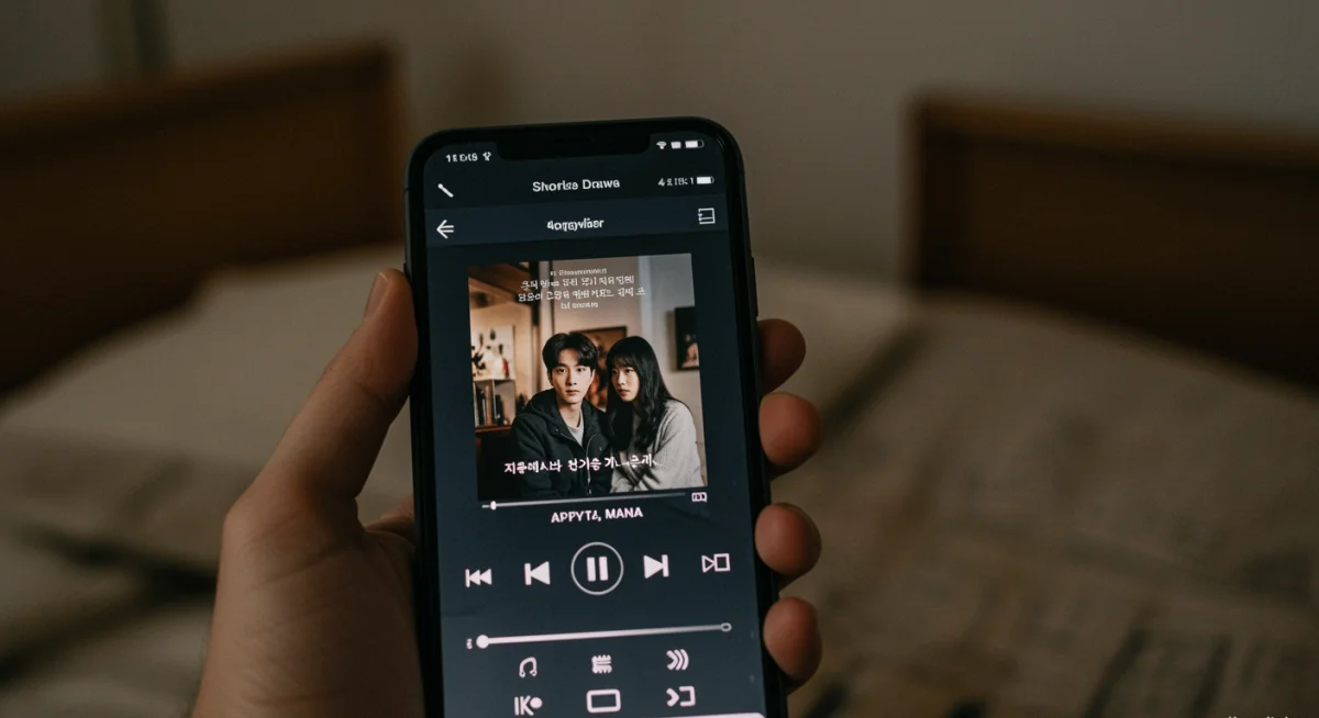 Hand holding smartphone with music streaming app displaying short drama OST album art.