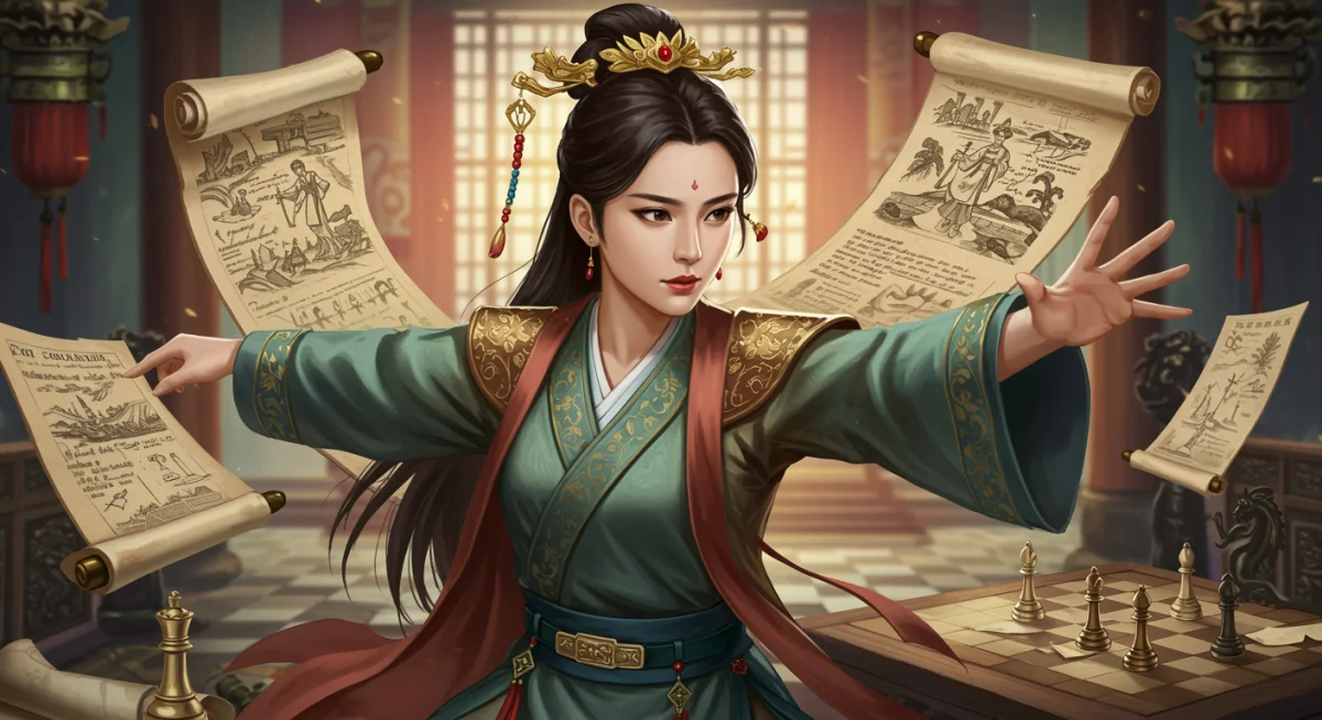 Strong female C-drama lead, intelligent and confident, in a palatial setting.