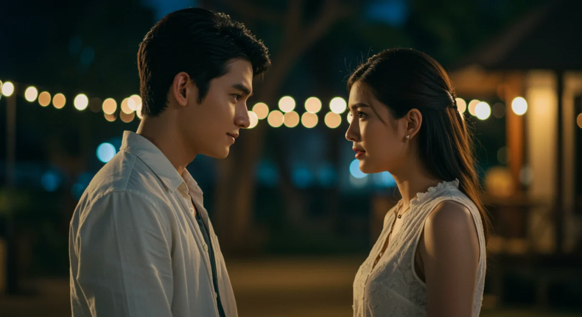 Romantic scene from a Thai drama, two characters sharing a tender moment outdoors.