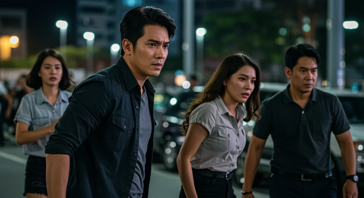 Dynamic scene from a Thai thriller drama, characters in suspense against a city backdrop.