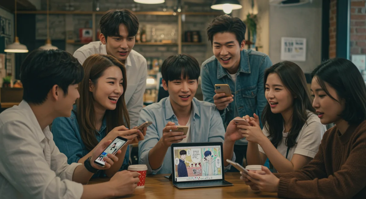 Group of young people discussing a webtoon-adapted K-drama in a cafe.