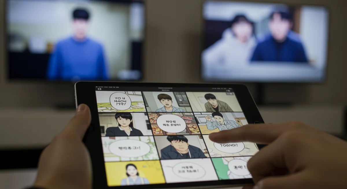 Hand scrolling through a webtoon on a tablet, with K-drama scenes blurred in the background.