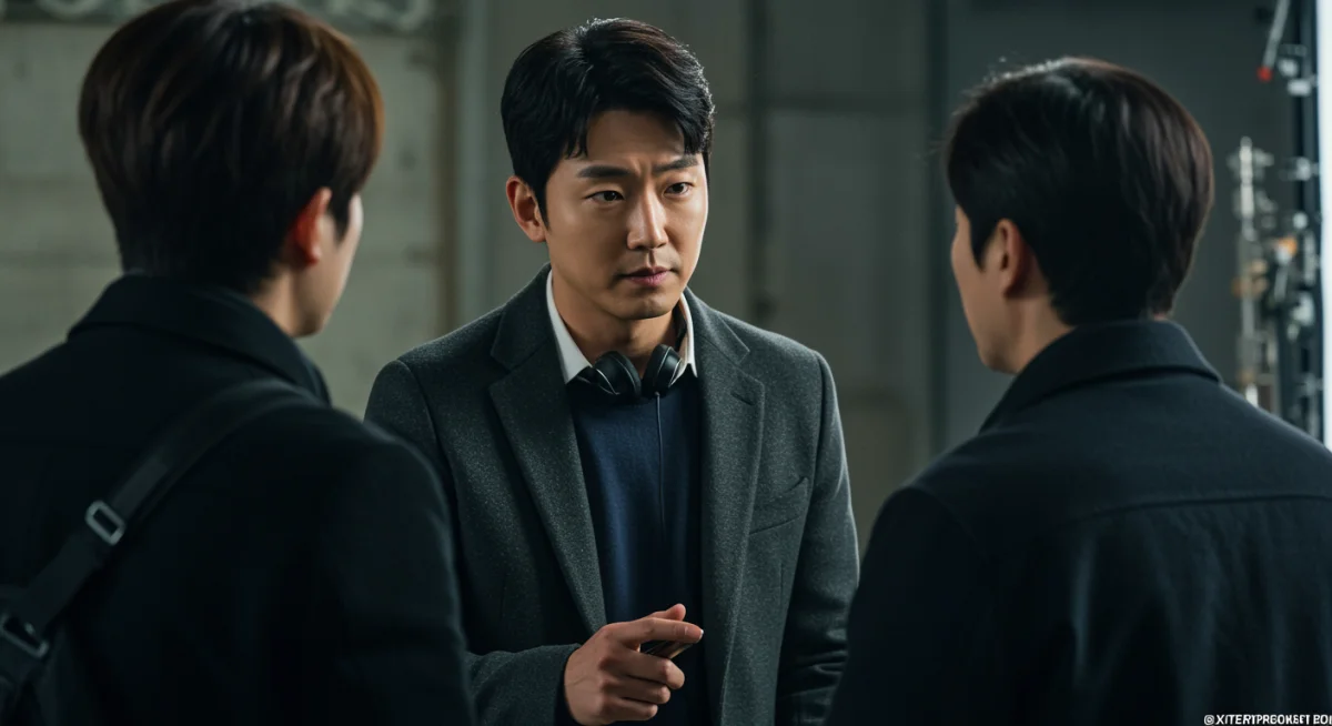 Ahn Hyo-seop on 'Business Proposal' set, discussing a scene with a colleague.