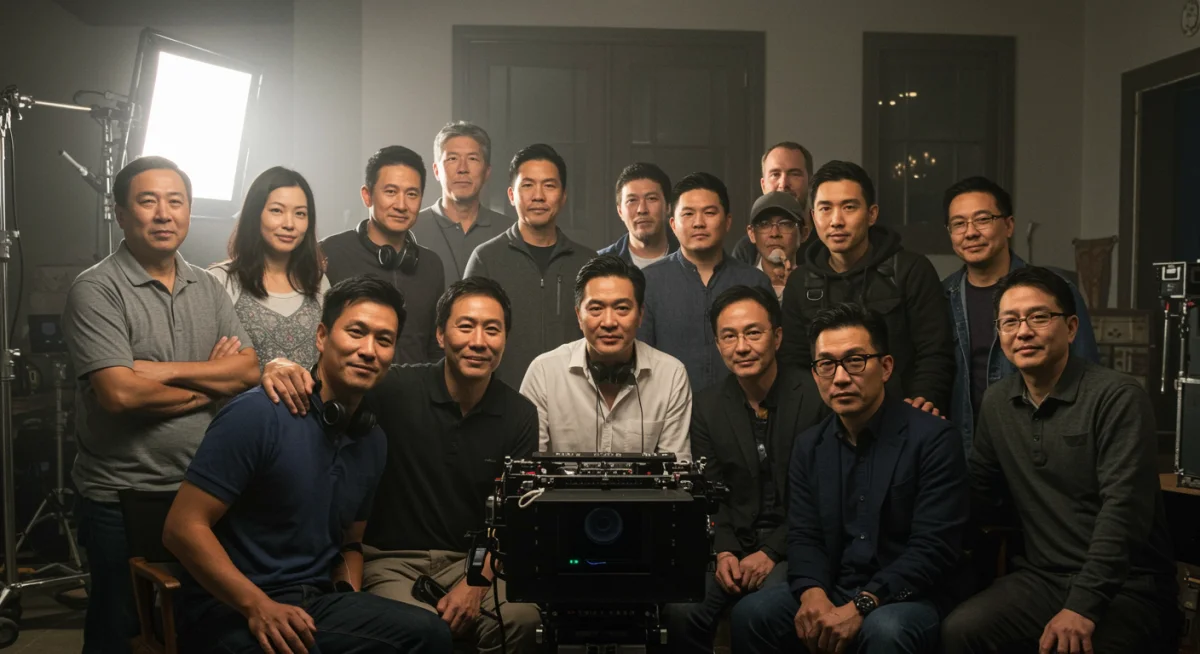 Asian-American creators collaborating on a film set