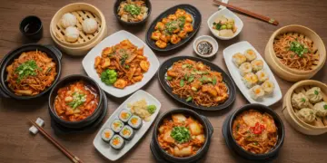 Colorful array of Asian dishes representing food's cultural role in dramas