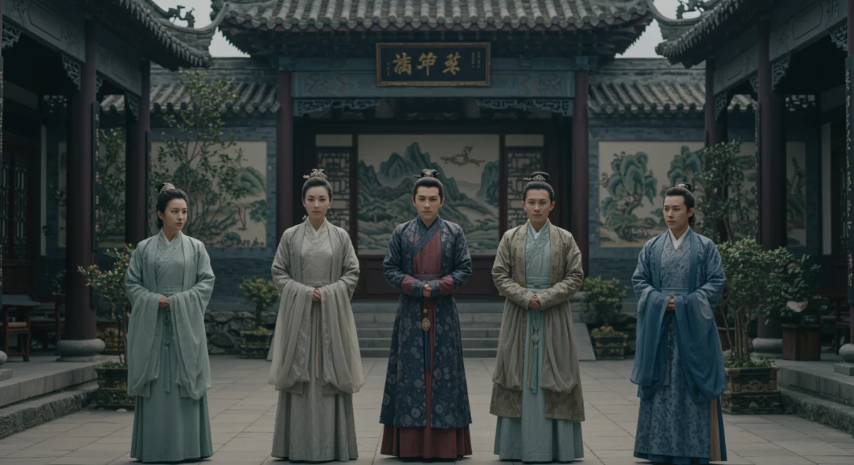 Chinese drama characters in traditional garden setting.