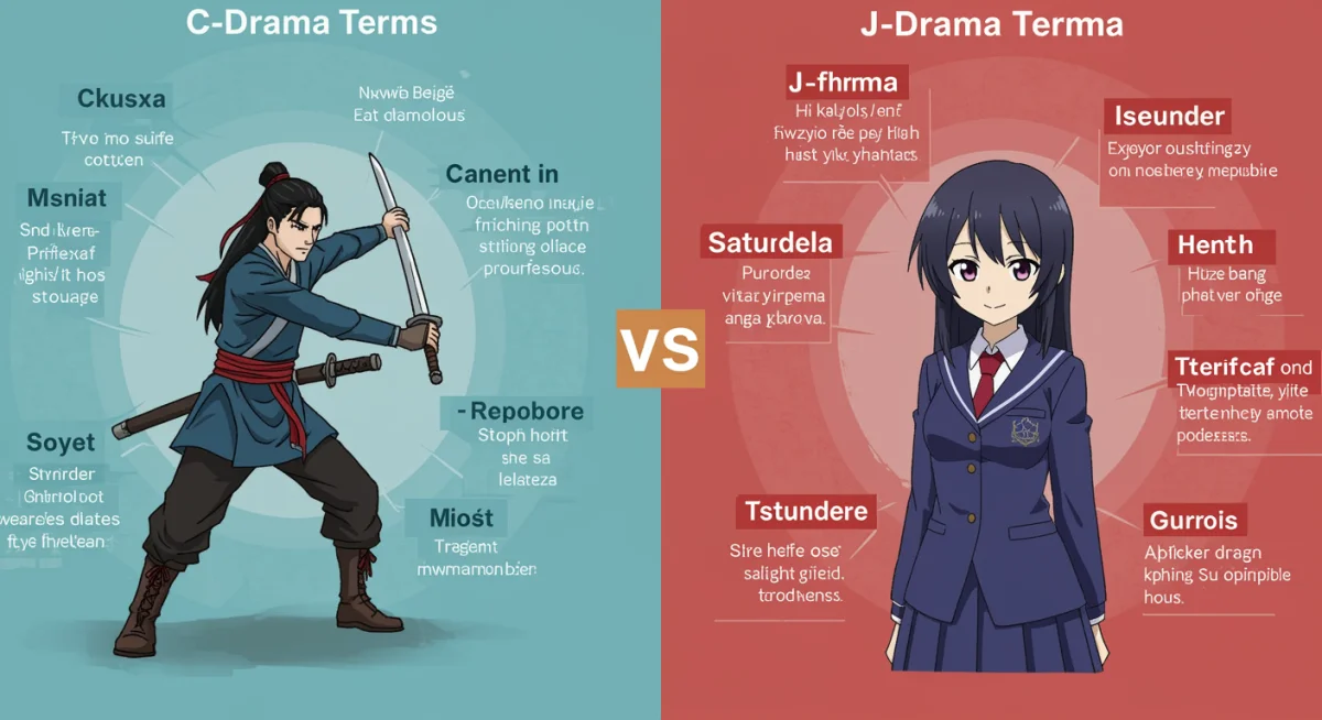 Infographic comparing C-drama and J-drama terms and cultural nuances.