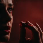 Stylized crimson tear falling, symbolizing deep emotion and hidden meanings in 'Crimson Tears' drama