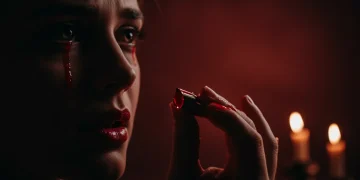 Stylized crimson tear falling, symbolizing deep emotion and hidden meanings in 'Crimson Tears' drama