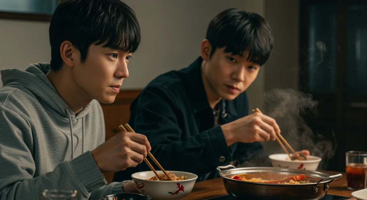 Drama characters sharing a comforting meal, highlighting food's role in connection