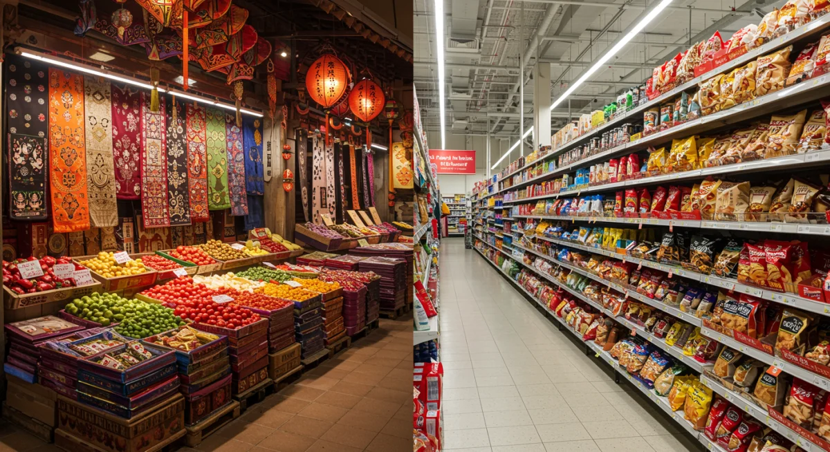 Split image showing traditional East Asian market and US market with East Asian products, symbolizing cultural flow.