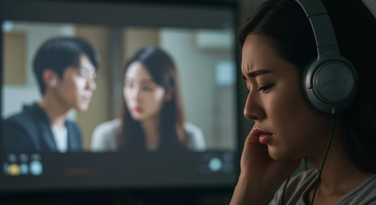 Emotional US viewer listening to Asian drama soundtrack, connecting with the story.