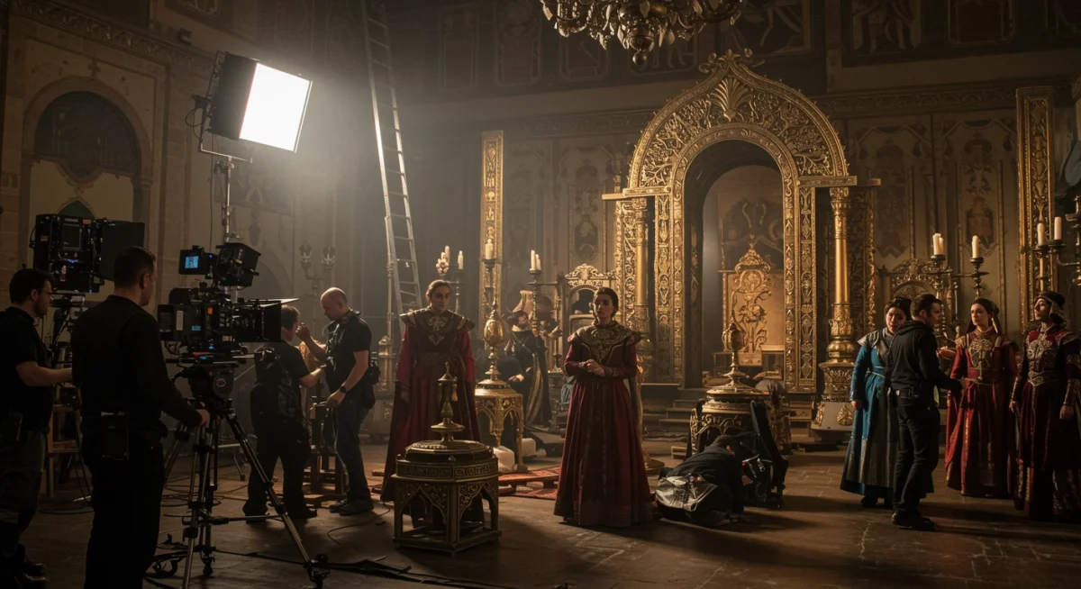 Behind-the-scenes look at The Emperor's Gambit set, showcasing intricate costume details and diligent crew at work.