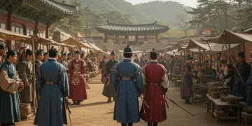 Grand historical Korean drama scene with traditional costumes and palace architecture