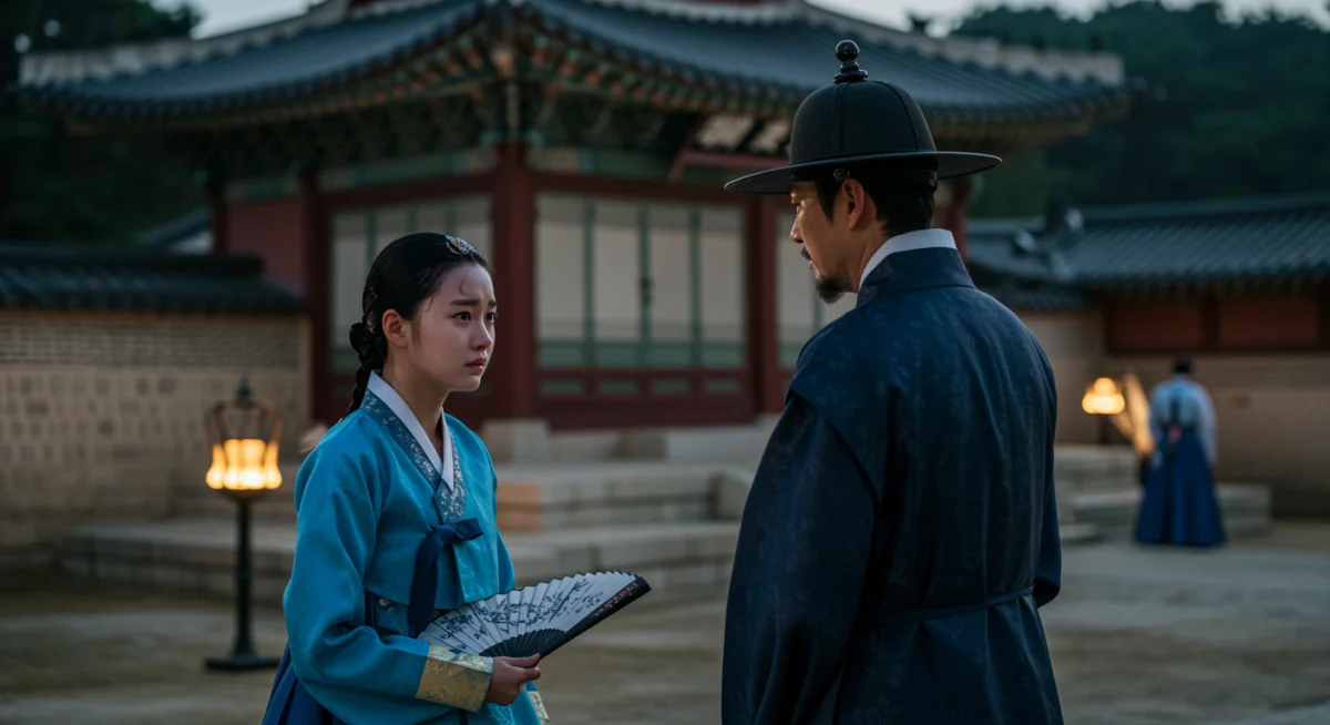 Two characters in traditional attire in a historical Korean drama, showcasing emotional depth and intricate settings.