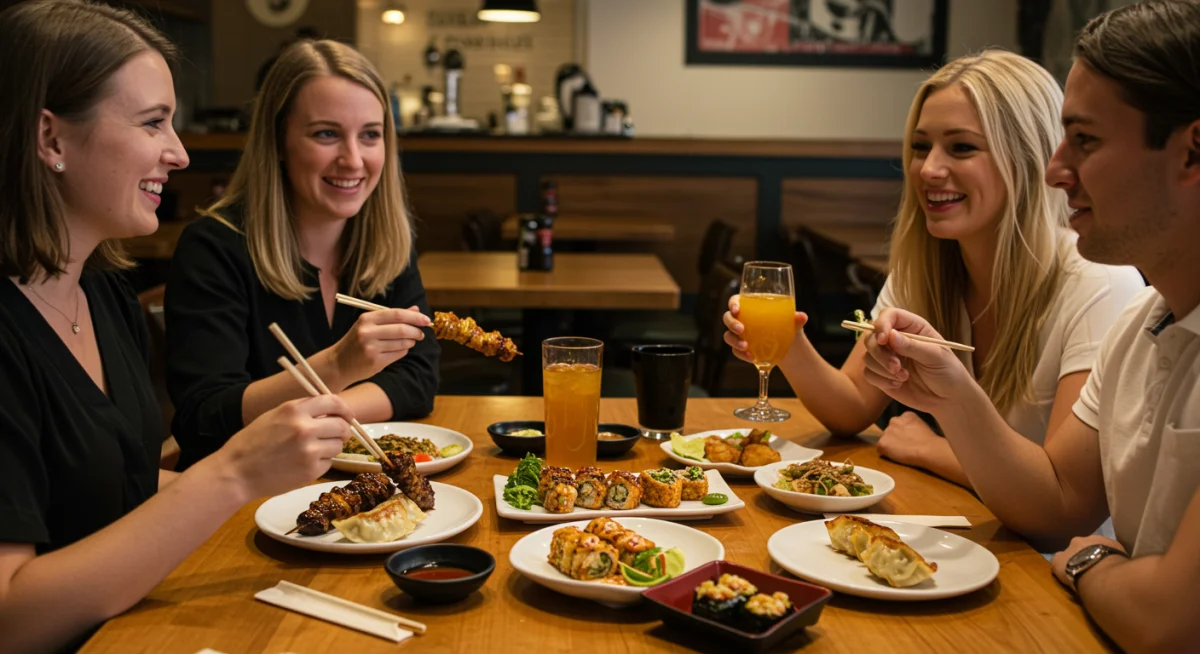 Friends enjoying Japanese izakaya-style food in a US restaurant.
