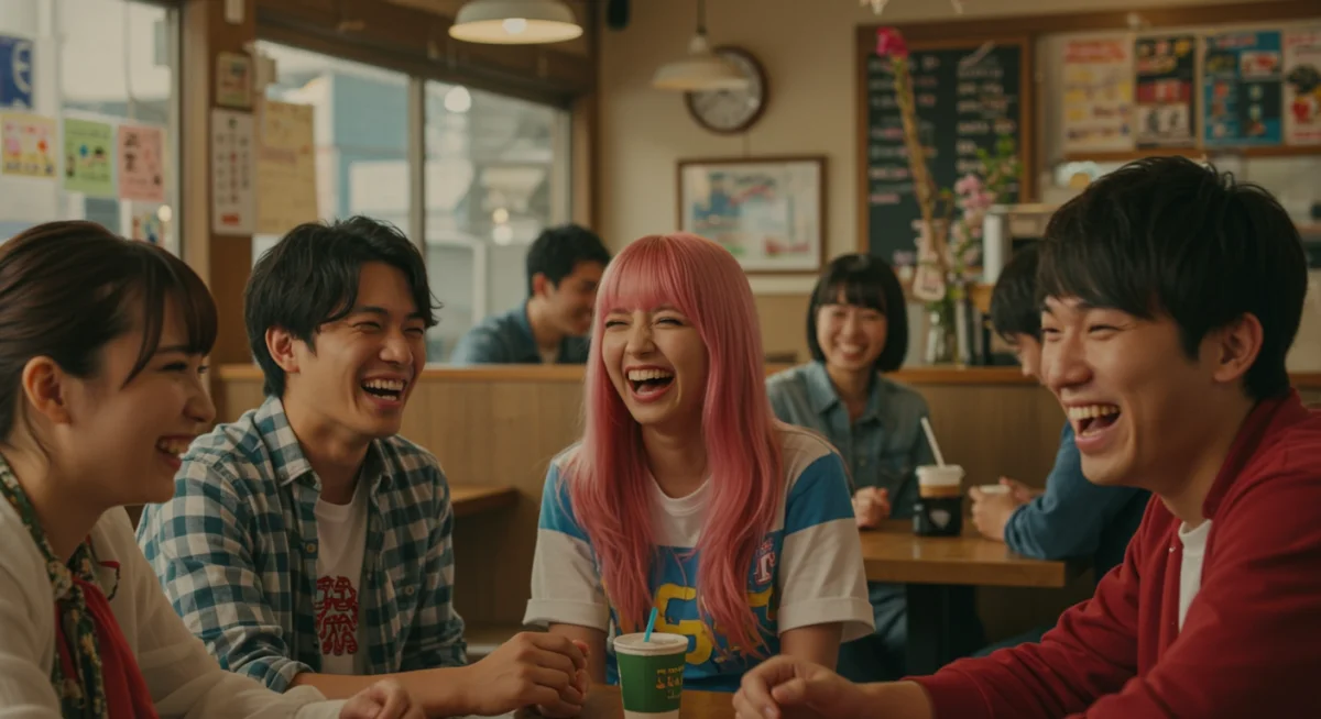 Friends laughing in a modern Japanese cafe, depicting a heartwarming slice-of-life drama scene.