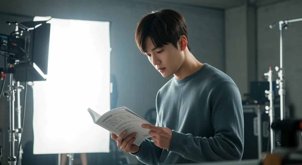 Young K-drama actor studying his script on set, demonstrating dedication
