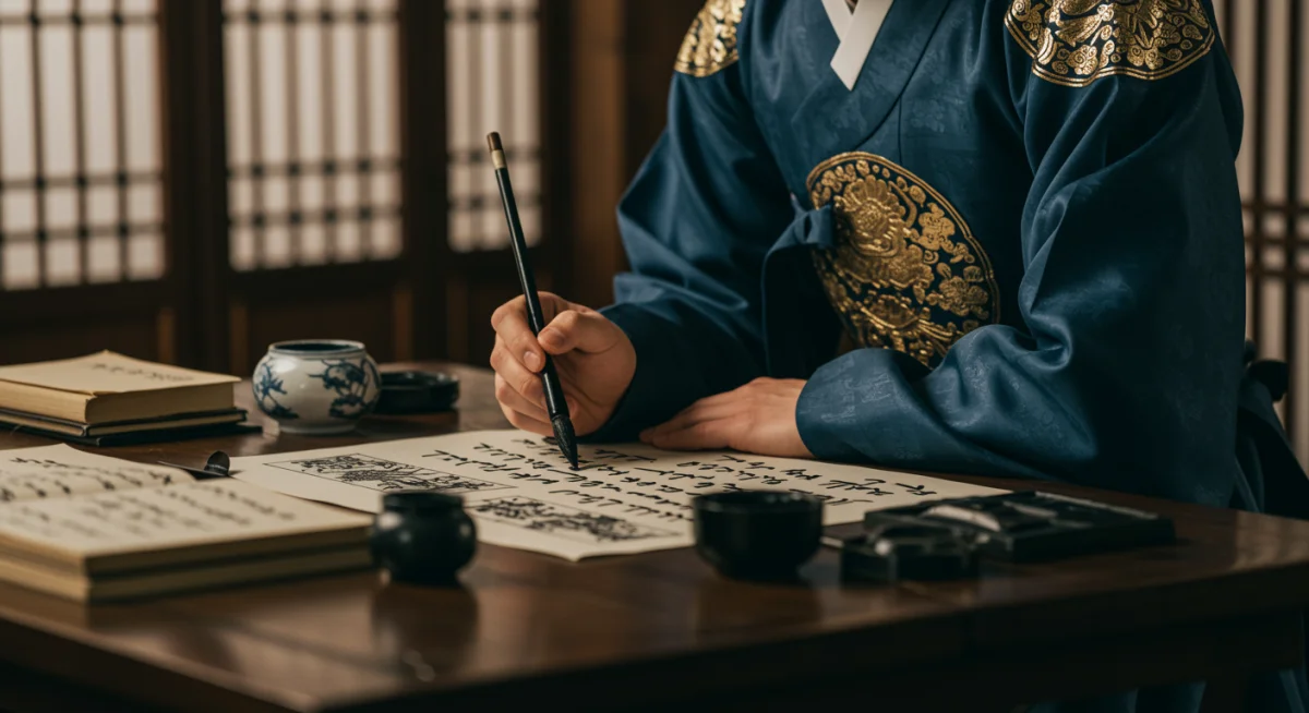 Korean drama character engaged in traditional calligraphy.