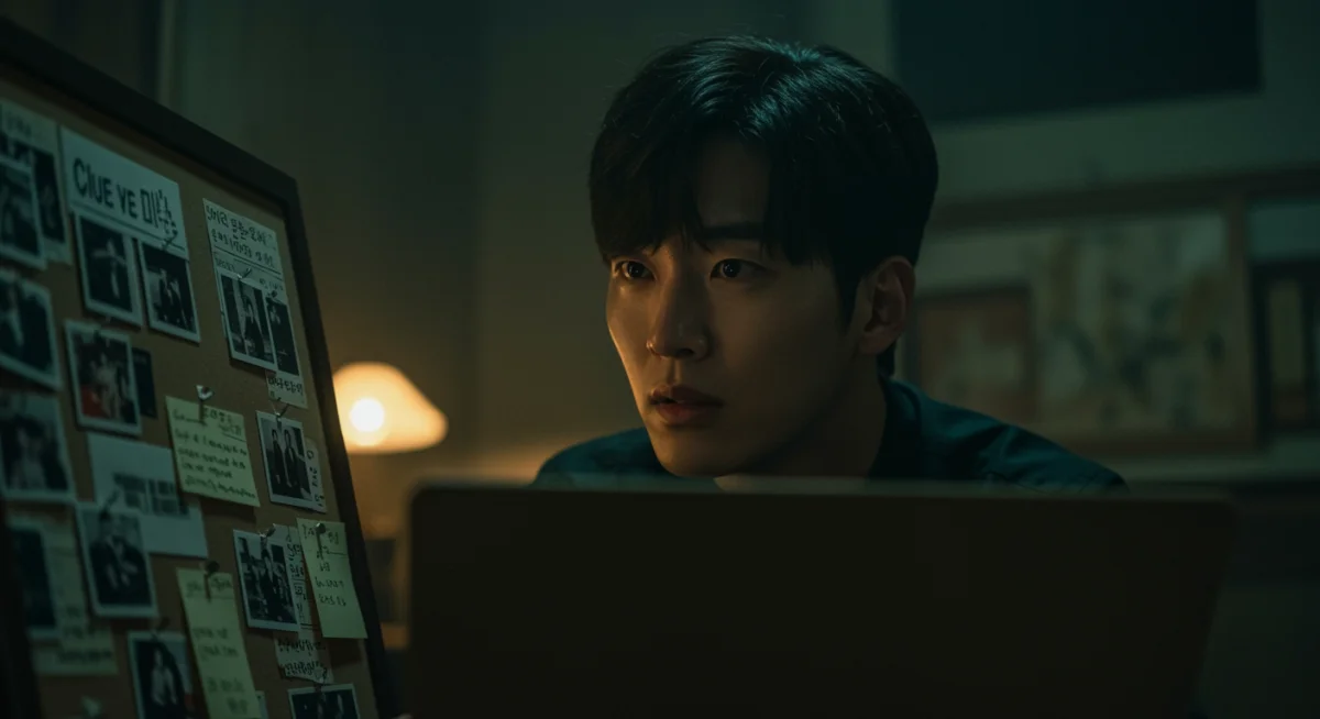 Intense scene from a Korean thriller drama with a detective investigating.