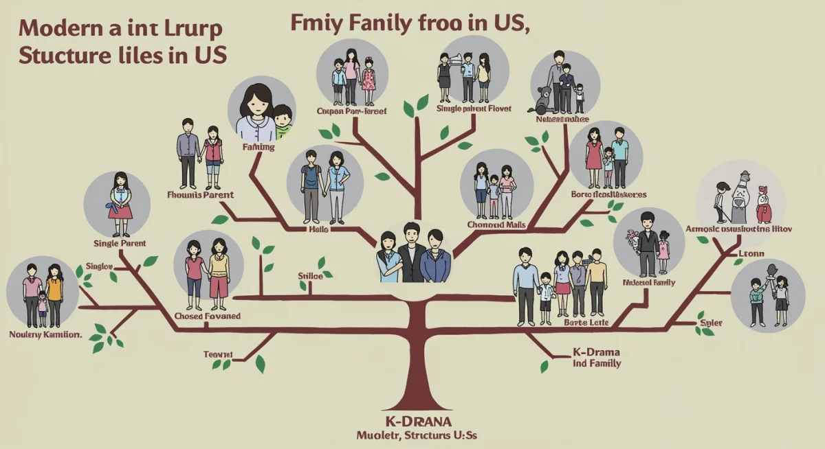 Modern American family structures influenced by K-Dramas, diverse family tree graphic