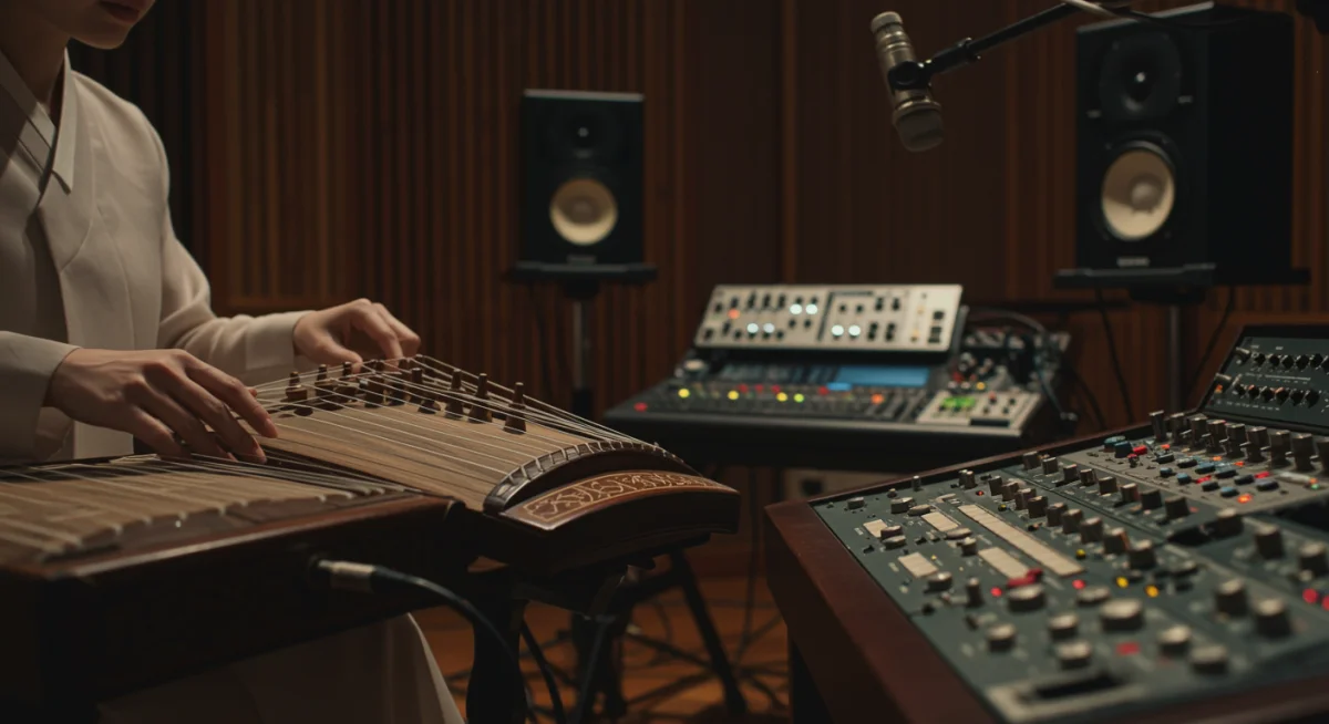 Musician playing gayageum in a modern recording studio for OST production