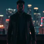 Rising Tides anti-hero on city rooftop at dusk