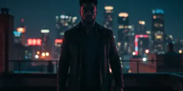 Rising Tides anti-hero on city rooftop at dusk