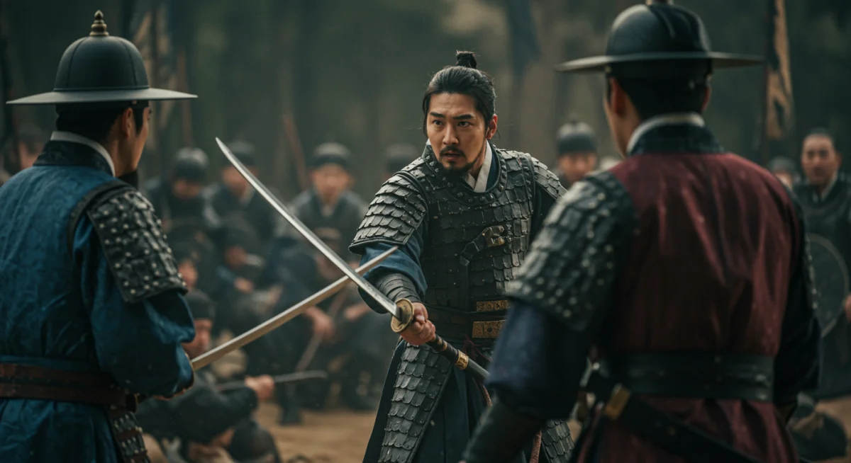 Dramatic battle scene from a historical Korean drama with armored warriors
