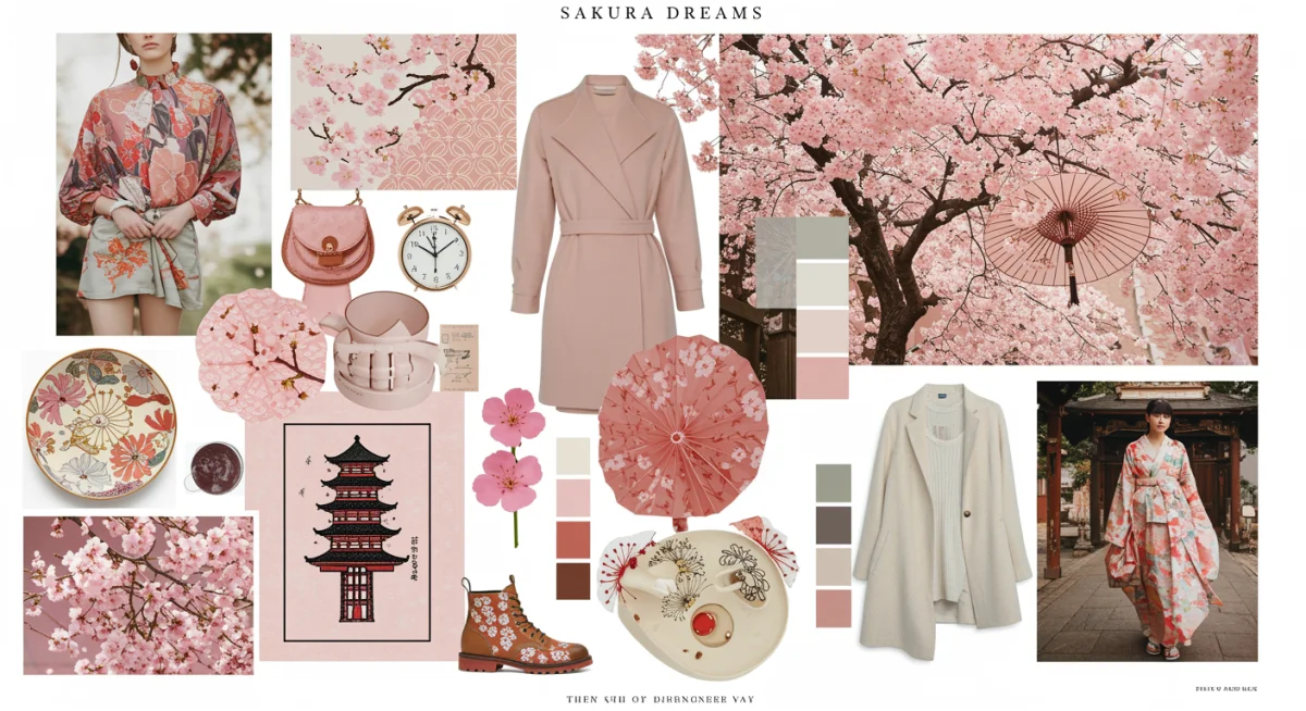 Mood board showcasing 'Sakura Dreams' aesthetic influences on fashion, featuring cherry blossoms and minimalist designs.