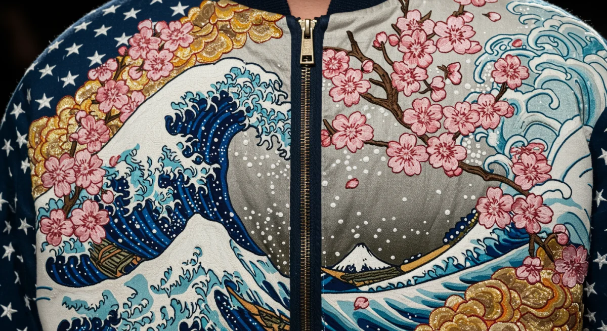 Close-up of 'Sakura Dreams' inspired embroidery on a modern jacket, showing cultural fusion.