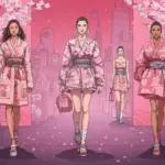 Models displaying 'Sakura Dreams' inspired fashion on a US runway, blending traditional Japanese motifs with contemporary styles.