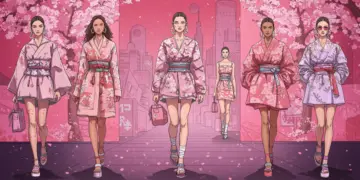 Models displaying 'Sakura Dreams' inspired fashion on a US runway, blending traditional Japanese motifs with contemporary styles.