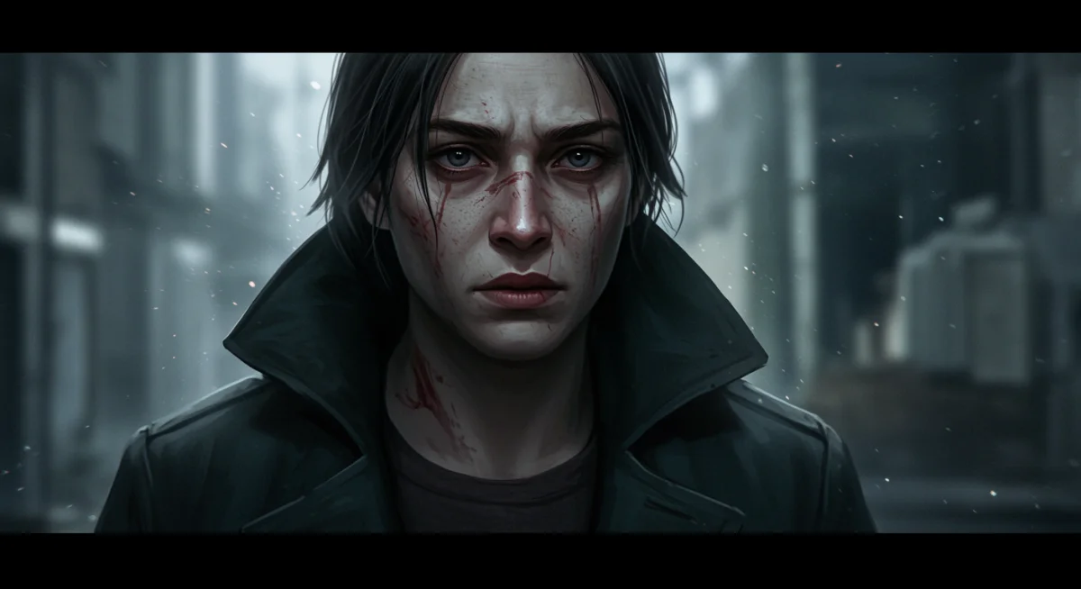 Close-up portrait of Silent Shadows protagonist, showing resolve and hidden pain.