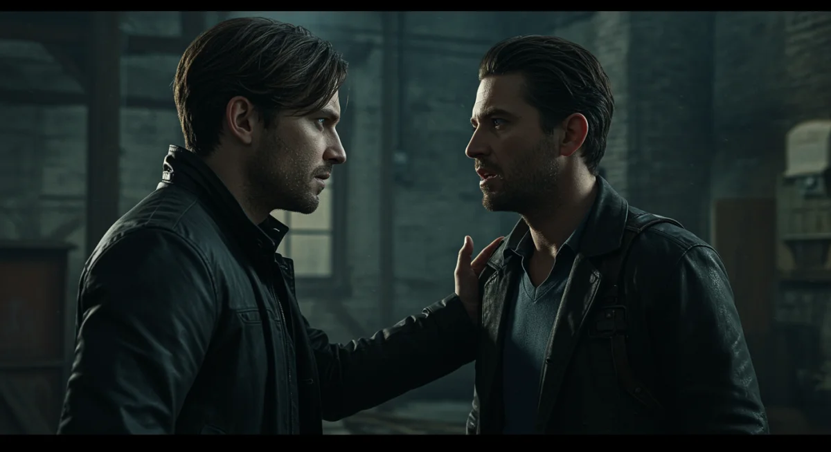 Tense confrontation between two central characters in 'Silent Shadows'.