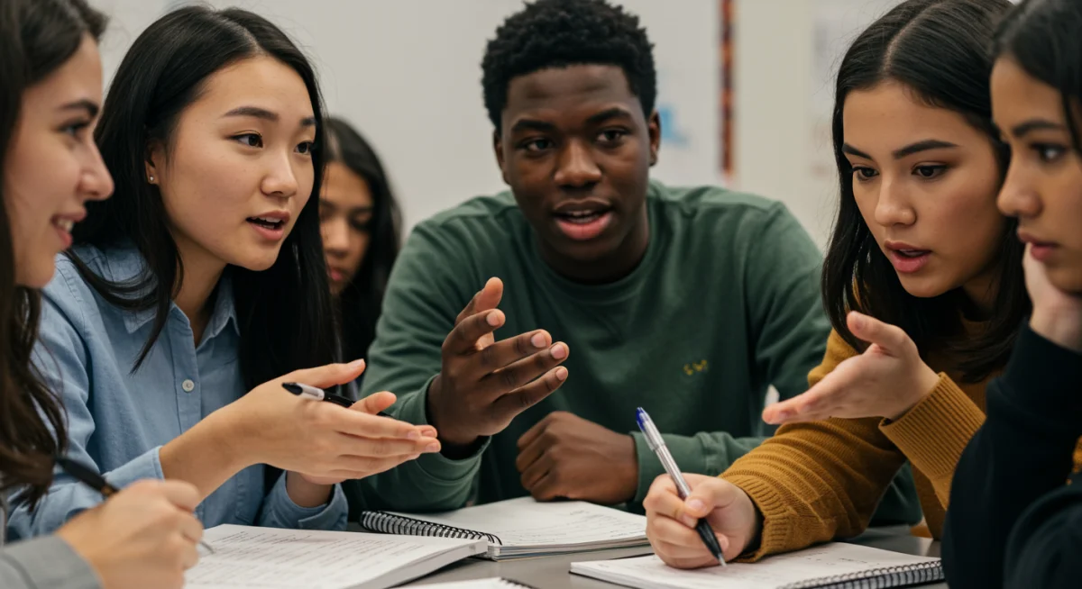 Students discussing Asian drama plots and cultural themes