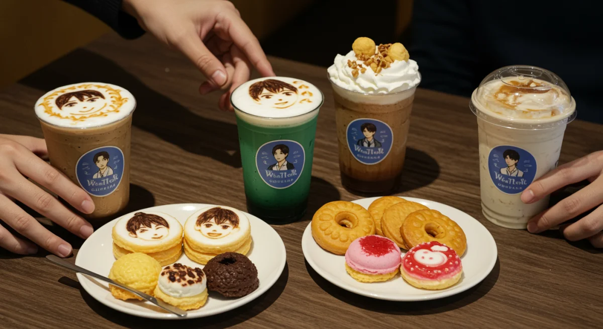 Themed beverages and desserts inspired by K-dramas at a US cafe, featuring intricate latte art and unique snack presentations.
