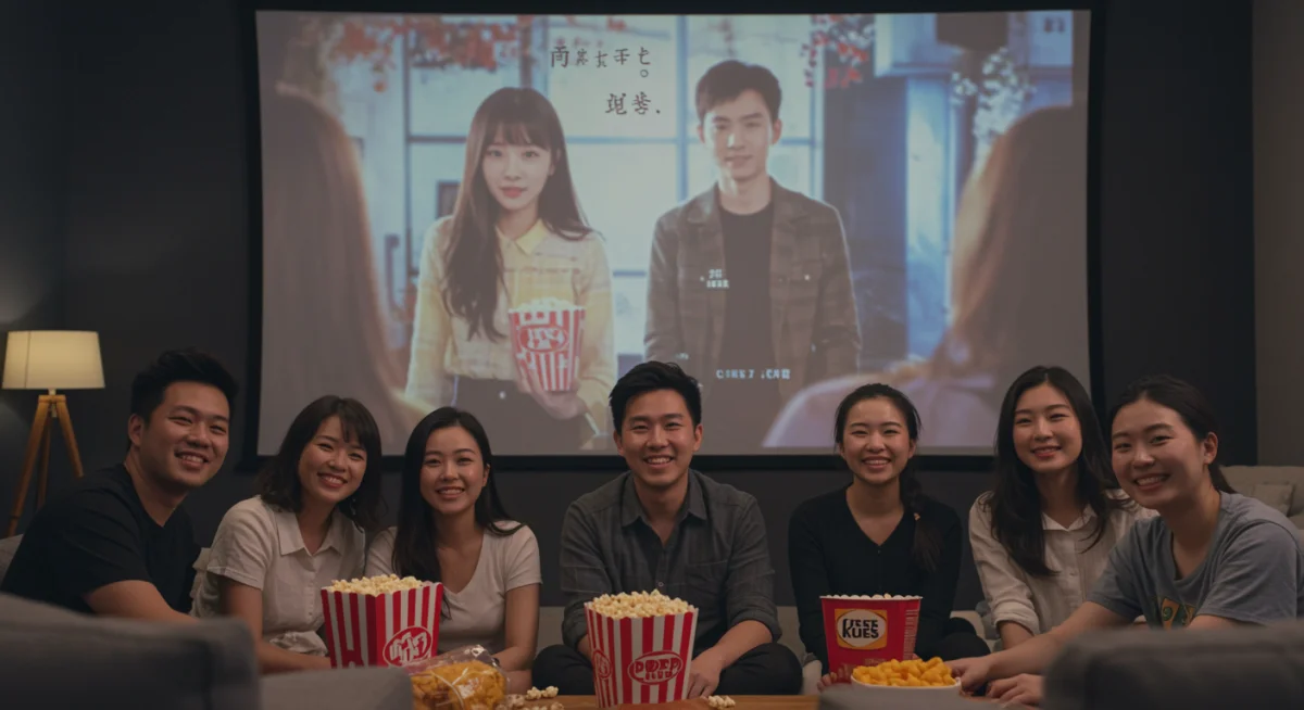Friends enjoying a C-drama together on a large screen with subtitles