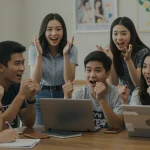 Young adults discussing popular Asian dramas, showing cultural engagement.